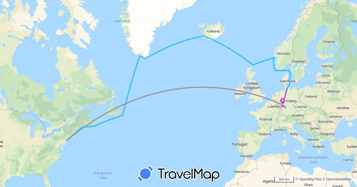 TravelMap itinerary: driving, plane, train, hiking, boat in Canada, Germany, Denmark, United Kingdom, Greenland, Iceland, Norway, United States (Europe, North America)