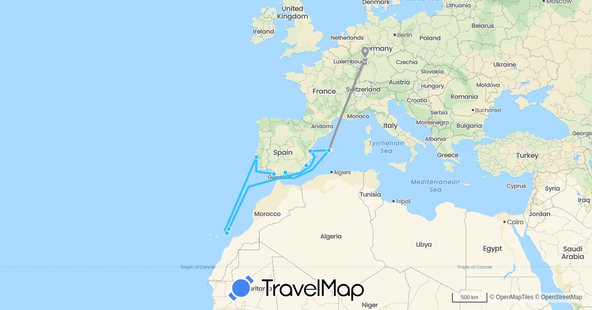 TravelMap itinerary: driving, plane, boat in Germany, Spain, Portugal (Europe)