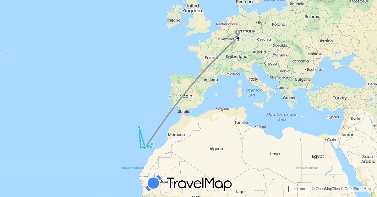 TravelMap itinerary: driving, plane, boat in Germany, Spain, Portugal (Europe)
