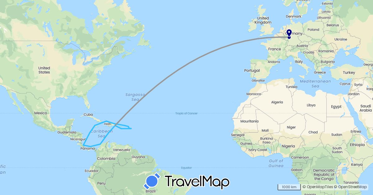 TravelMap itinerary: driving, bus, plane, boat in Antigua and Barbuda, Colombia, Costa Rica, Germany, Dominican Republic, Jamaica, Saint Kitts and Nevis, Netherlands, Panama, British Virgin Islands (Europe, North America, South America)